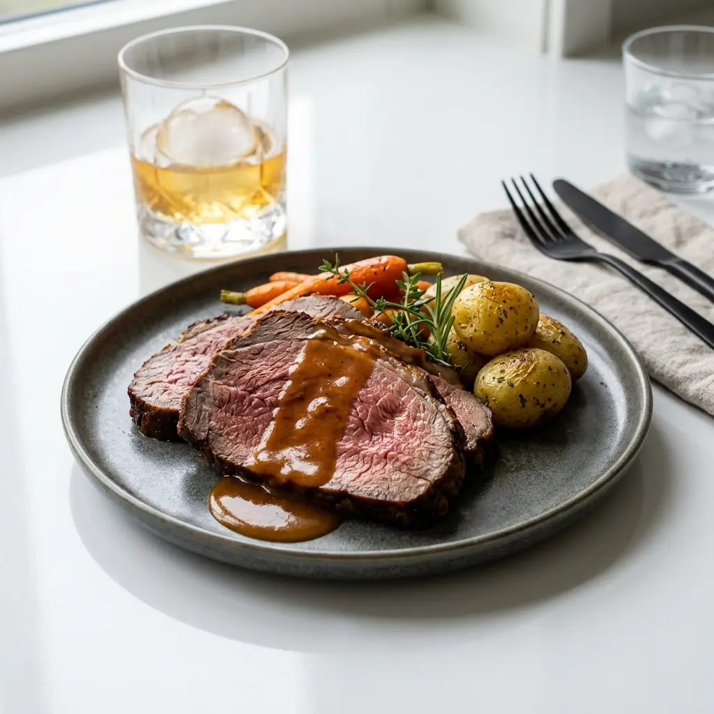 Foto della salsa, del dressing o del condimento: Arrosto di manzo con salsa al whisky