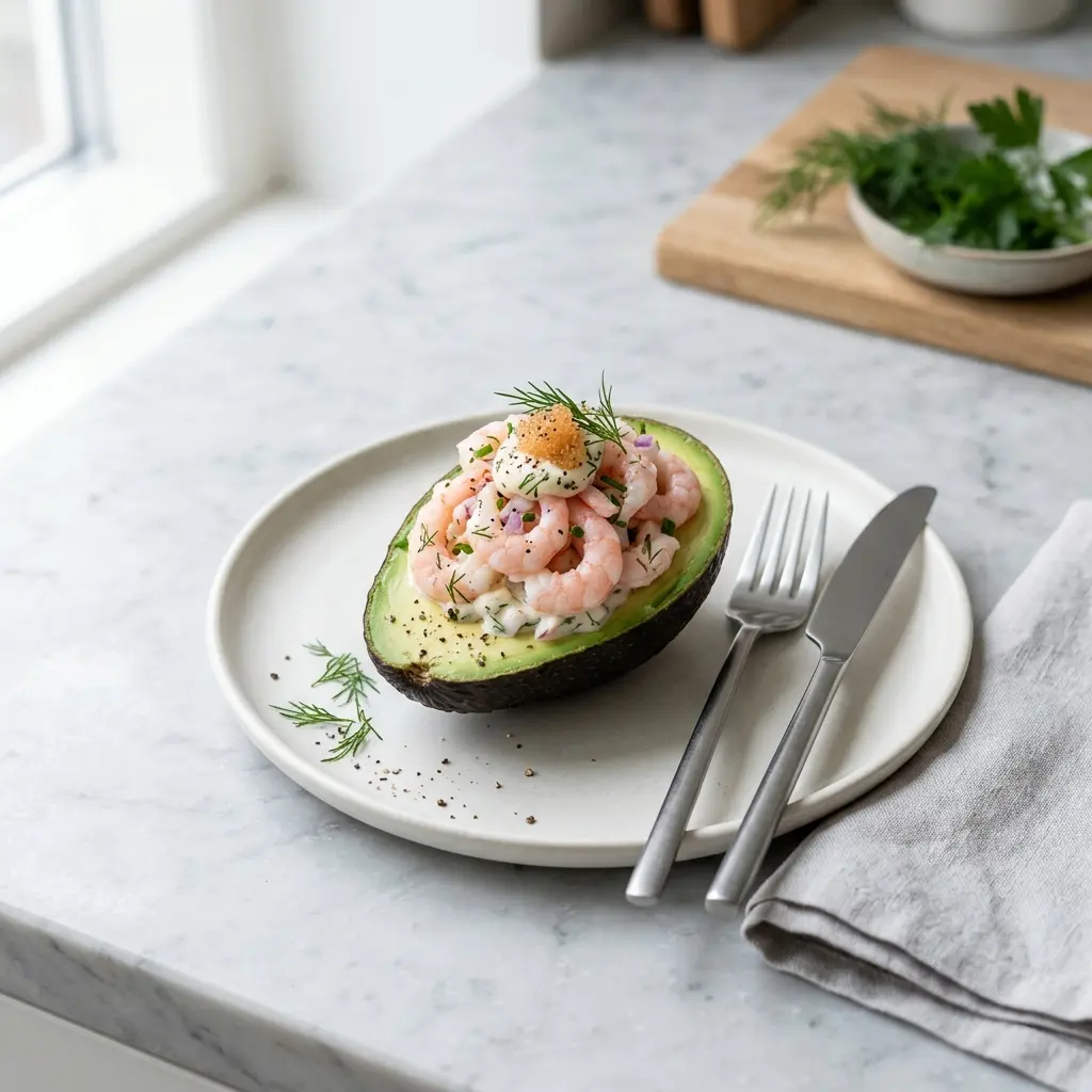Foto del piatto pronto: Avocado con gamberi