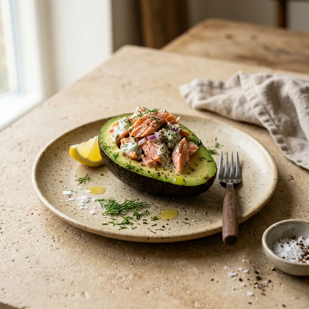 Foto del piatto pronto: Avocado con salmone affumicato a caldo