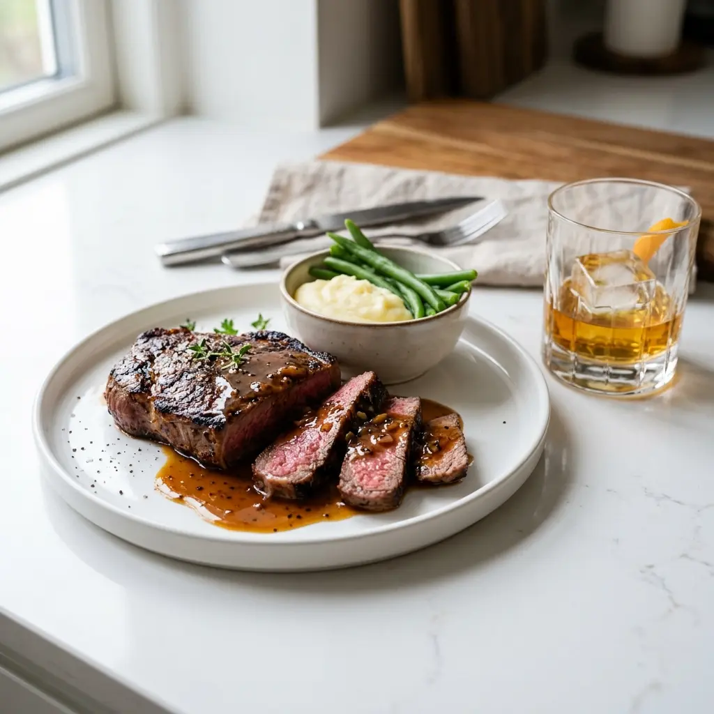 Foto della salsa, del dressing o del condimento: Bistecca con salsa al whisky