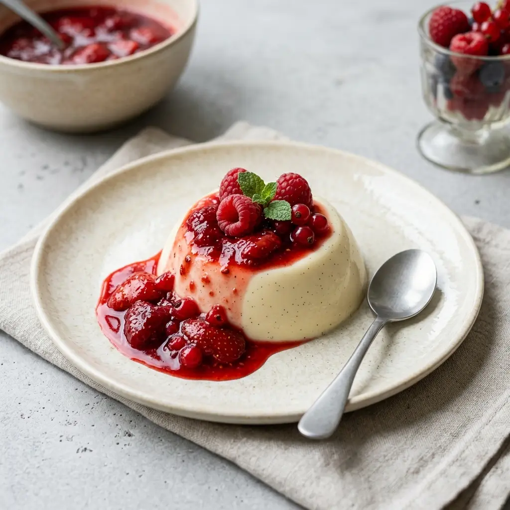Foto della salsa, del dressing o del condimento: Budino con salsa di frutta