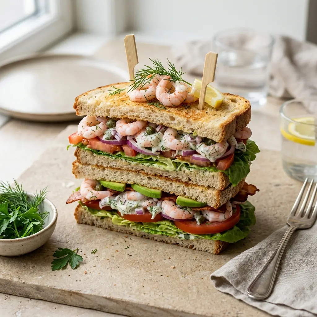Foto del piatto pronto: Club sandwich con gamberi