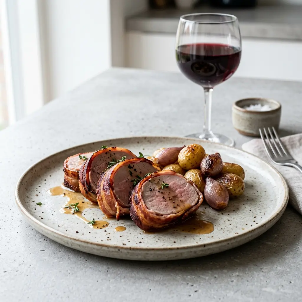 Foto del piatto pronto: Filetto di maiale avvolto nel bacon