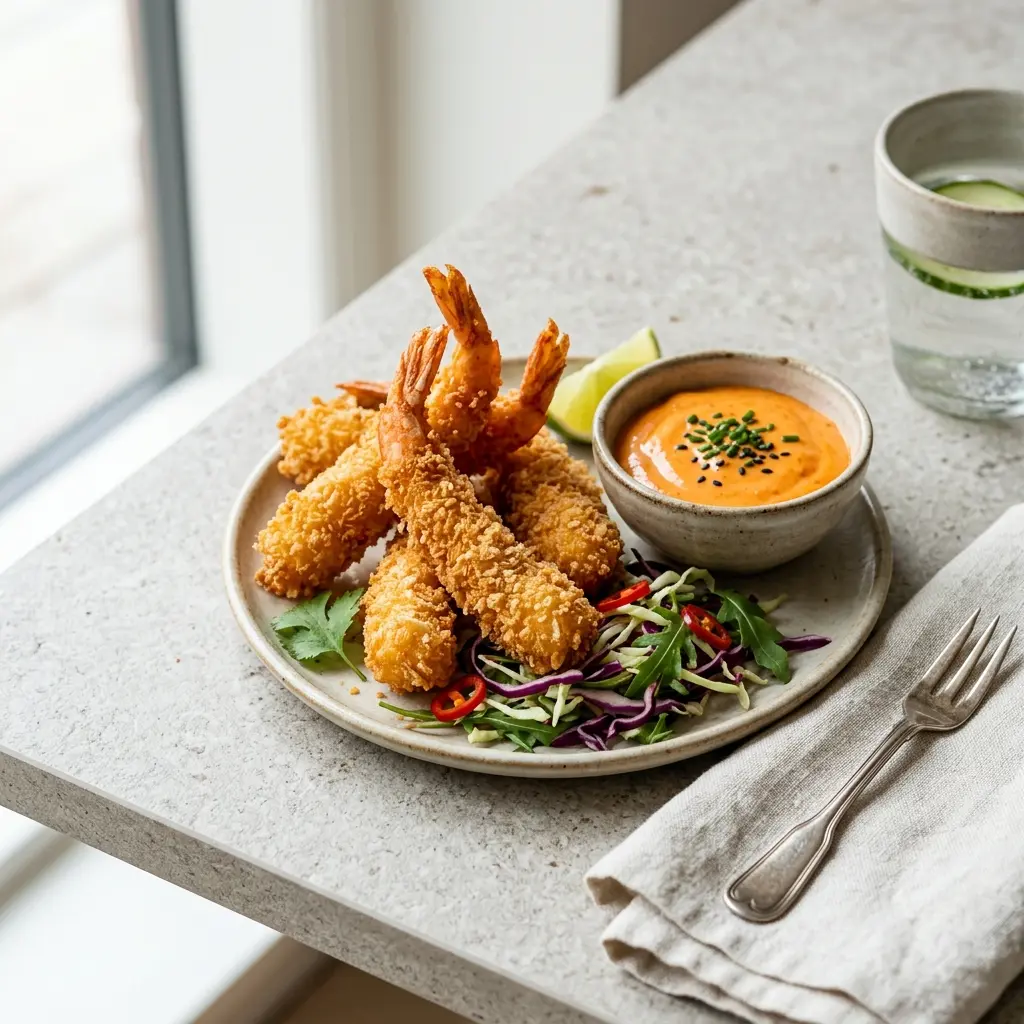 Foto della salsa, del dressing o del condimento: Gamberi panko con maionese al chili