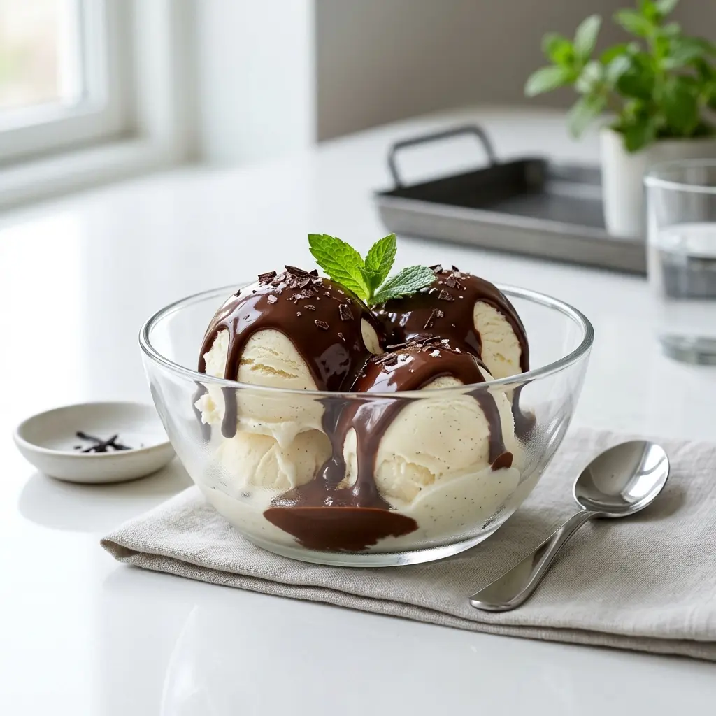 Foto della salsa, del dressing o del condimento: Gelato con salsa al cioccolato