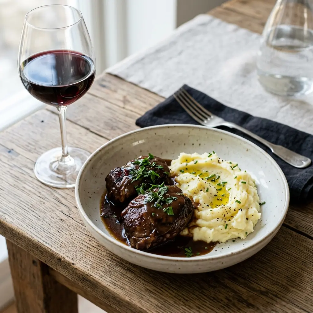 Foto del piatto pronto: Guance di maiale con purè di patate