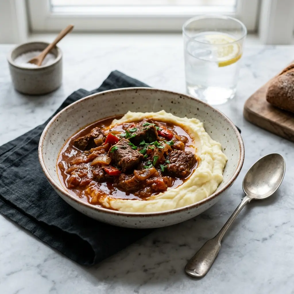Foto del piatto pronto: Gulasch con purè di patate