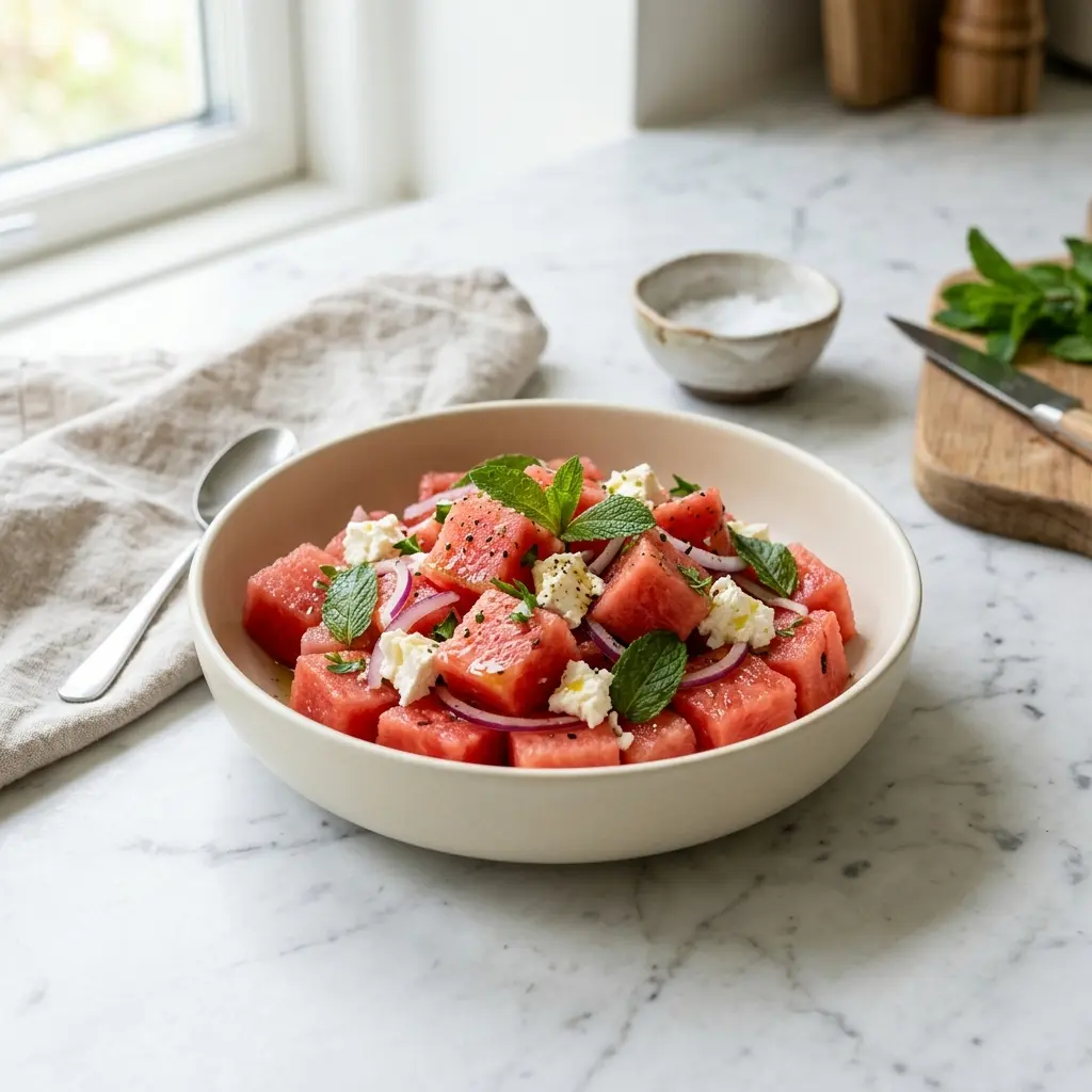 Foto dell'insalata pronta: Insalata di anguria con feta