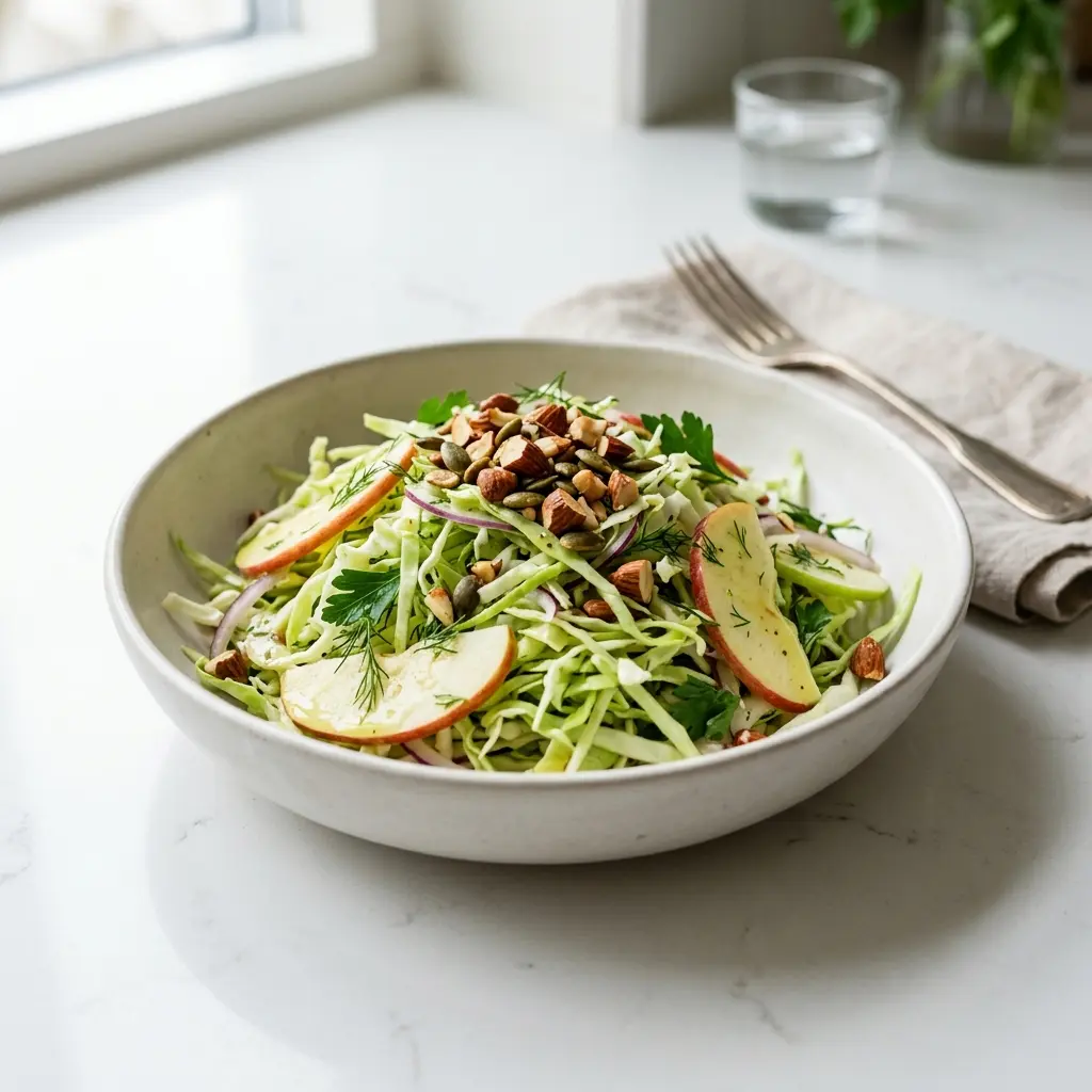 Foto dell'insalata pronta: Insalata di cavolo cappuccio con mela