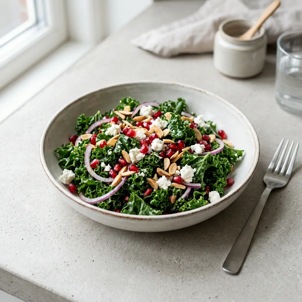 Foto dell'insalata pronta: Insalata di cavolo riccio con melograno