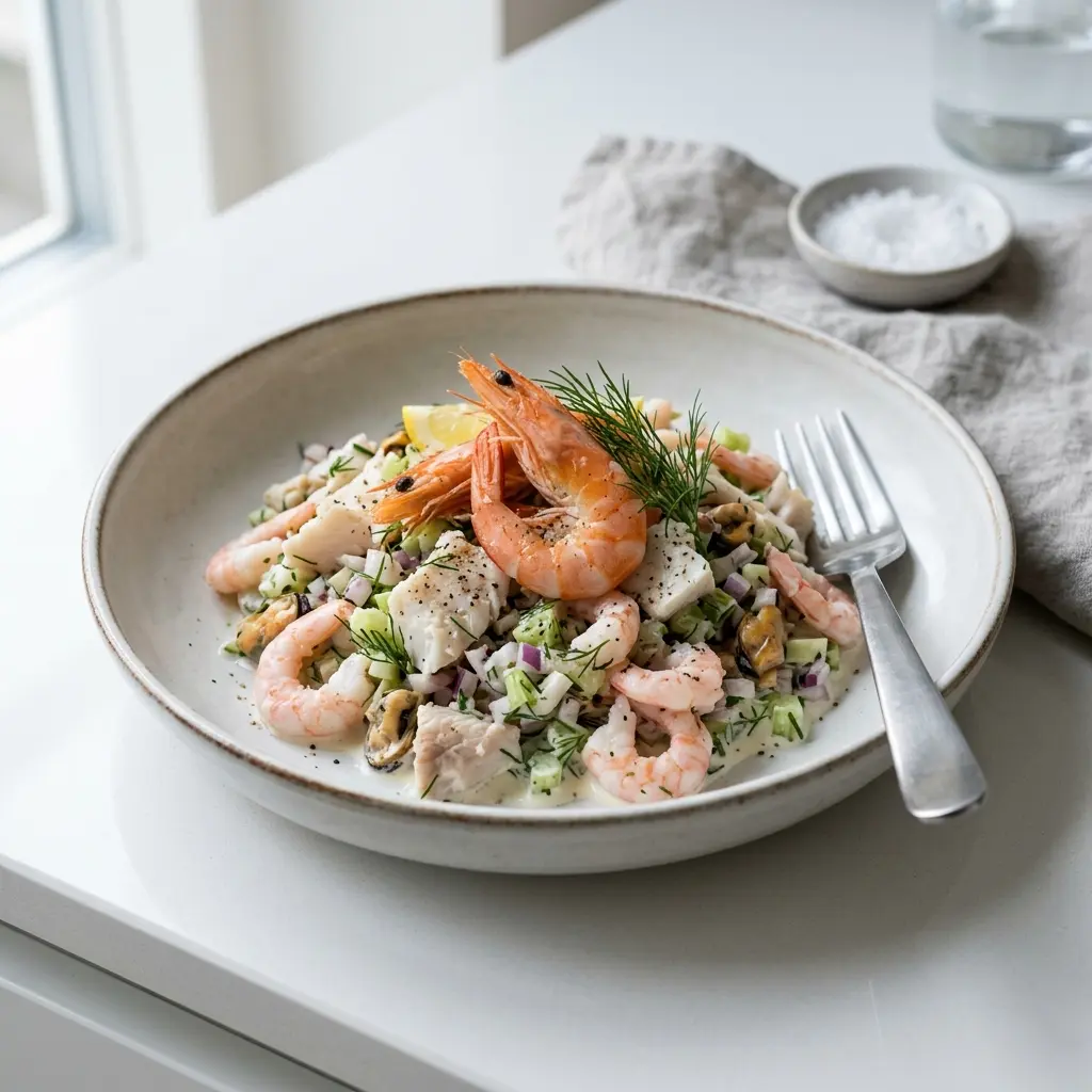 Foto dell'insalata pronta: Insalata di frutti di mare con gamberi