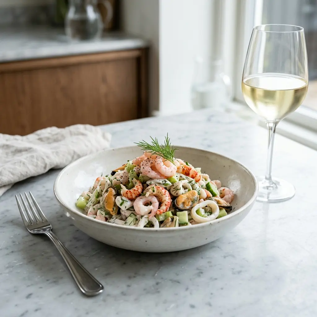 Foto della salsa, del dressing o del condimento: Insalata di frutti di mare con salsa