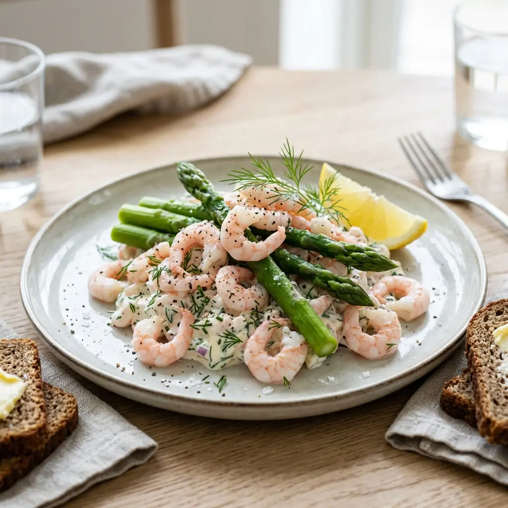 Foto dell'insalata pronta: Insalata di gamberi con asparagi