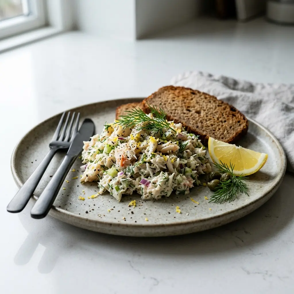 Foto dell'insalata pronta: Insalata di granchio con aneto e limone