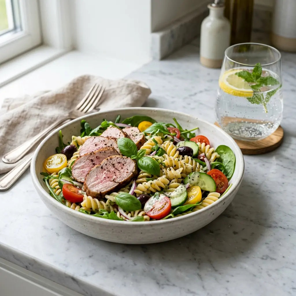 Foto dell'insalata pronta: Insalata di pasta con filetto di maiale