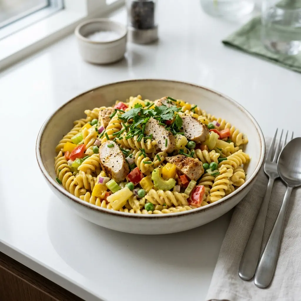 Foto dell'insalata pronta: Insalata di pasta con pollo al curry