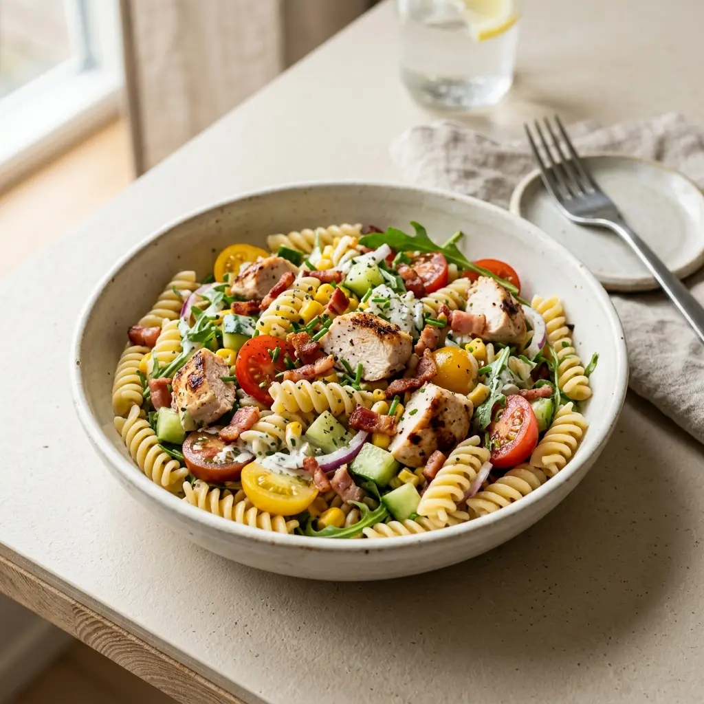 Foto dell'insalata pronta: Insalata di pasta con pollo e bacon