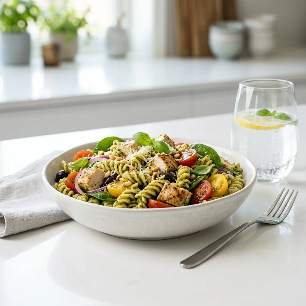 Foto della salsa, del dressing o del condimento: Insalata di pasta con pollo e pesto