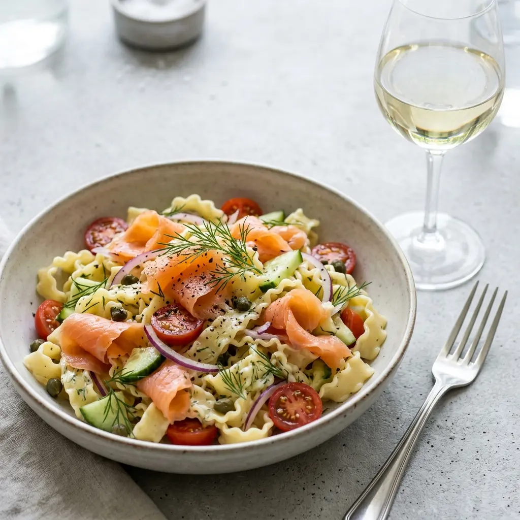 Foto dell'insalata pronta: Insalata di pasta con salmone affumicato a freddo