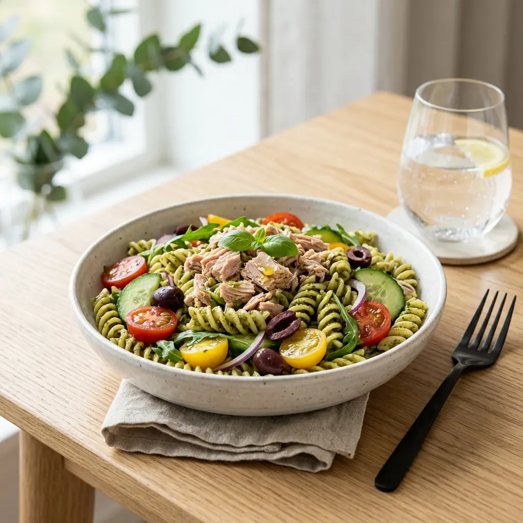 Foto della salsa, del dressing o del condimento: Insalata di pasta con tonno e pesto
