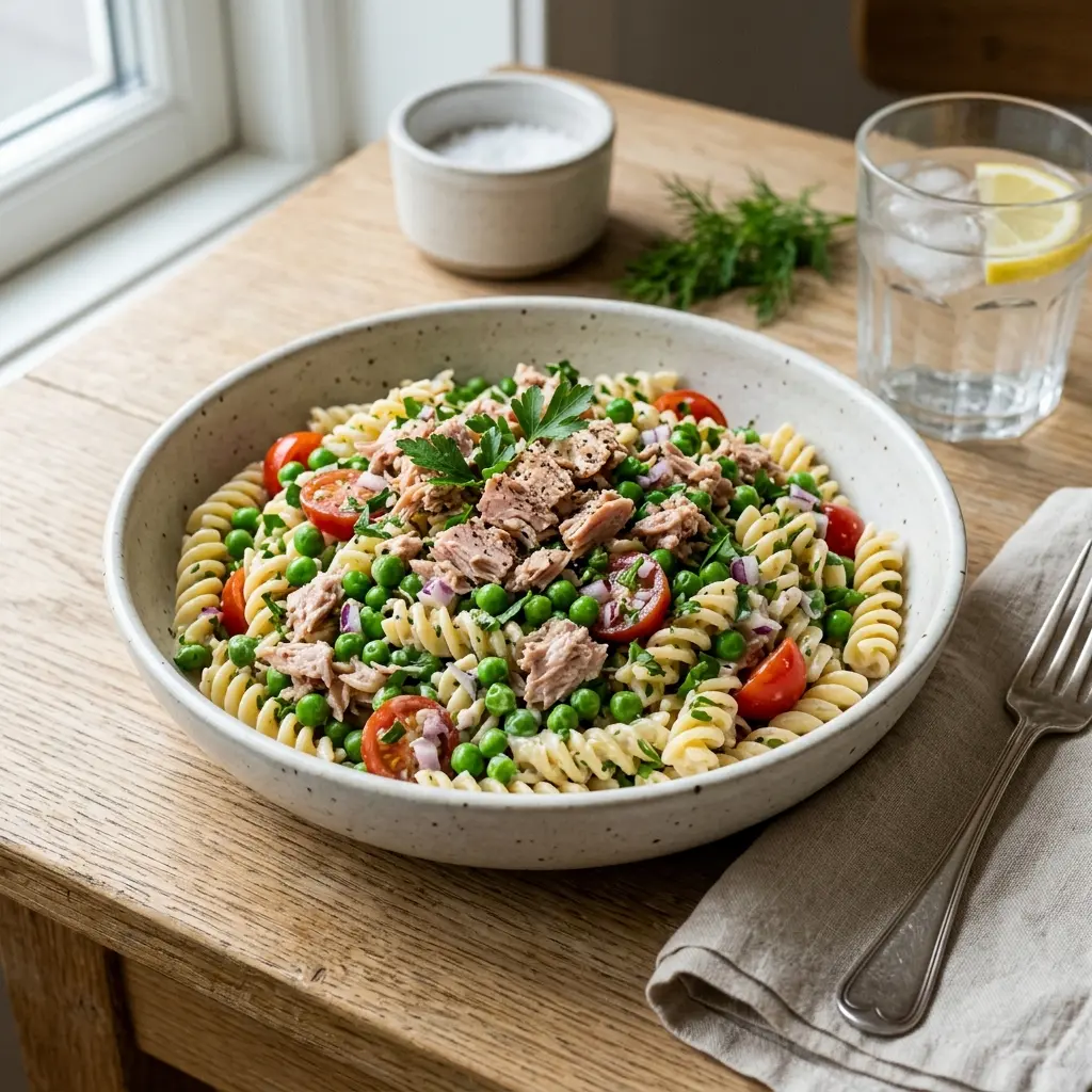 Foto dell'insalata pronta: Insalata di pasta con tonno e piselli