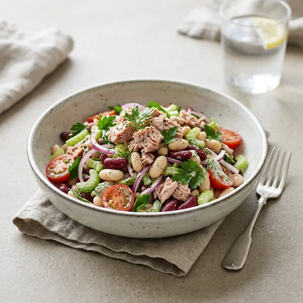 Foto dell'insalata pronta: Insalata di tonno con fagioli