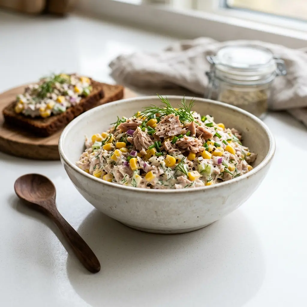 Foto dell'insalata pronta: Insalata di tonno con mais