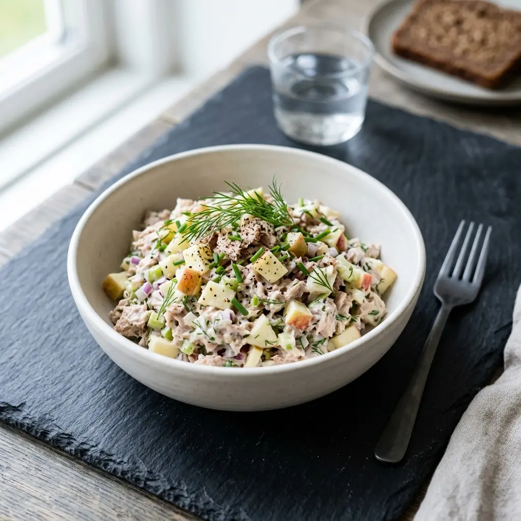Foto dell'insalata pronta: Insalata di tonno con mela