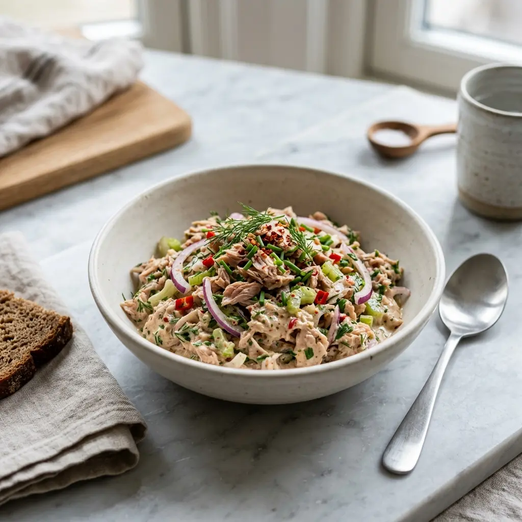 Foto dell'insalata pronta: Insalata di tonno piccante