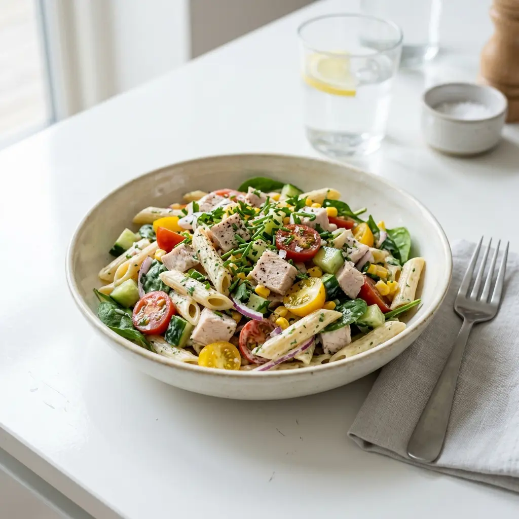 Foto dell'insalata pronta: Insalata fredda di pasta con tacchino