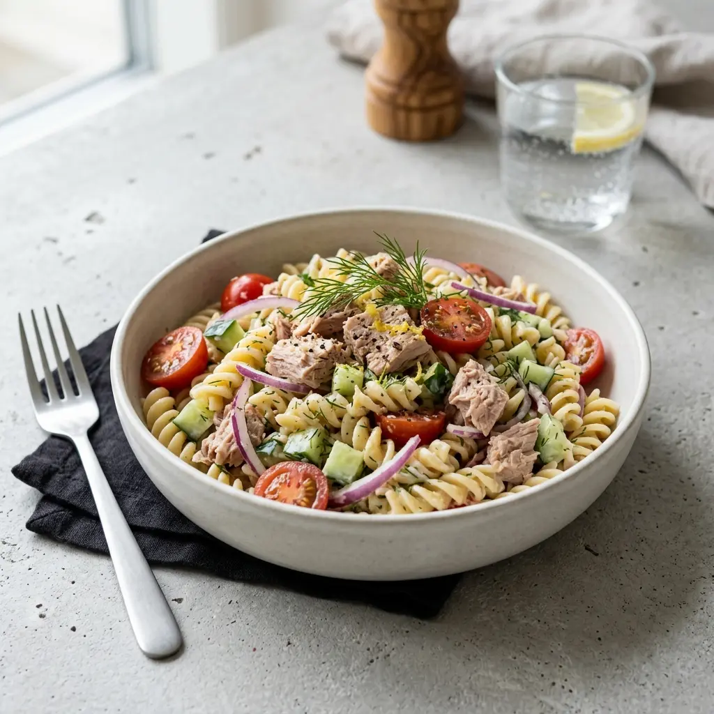 Foto dell'insalata pronta: Insalata fredda di pasta con tonno
