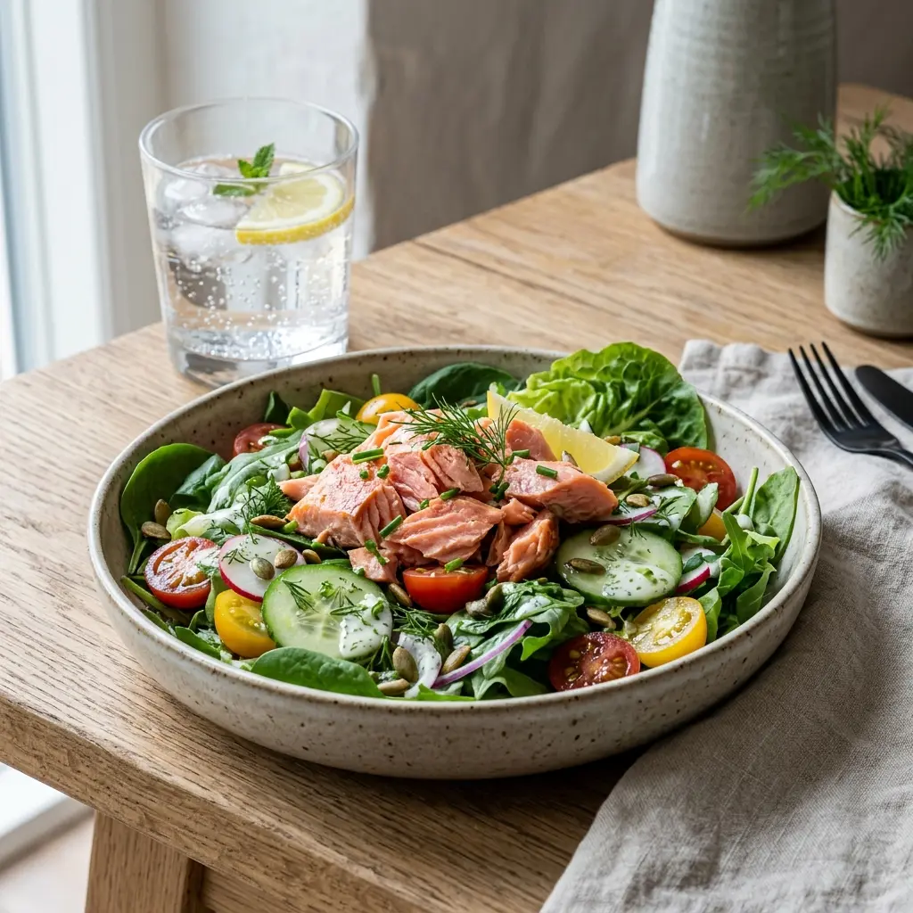 Foto dell'insalata pronta: Insalata verde con salmone affumicato a caldo