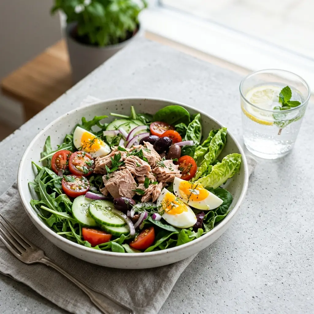 Foto dell'insalata pronta: Insalata verde con tonno