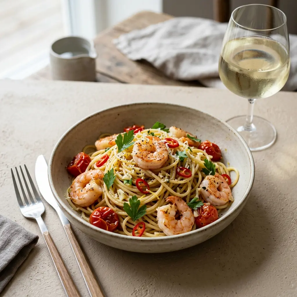 Foto del piatto pronto: Pasta con gamberi e peperoncino