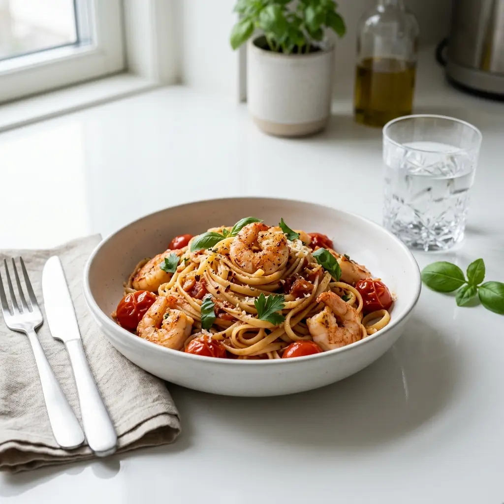 Foto del piatto pronto: Pasta con gamberi e pomodoro