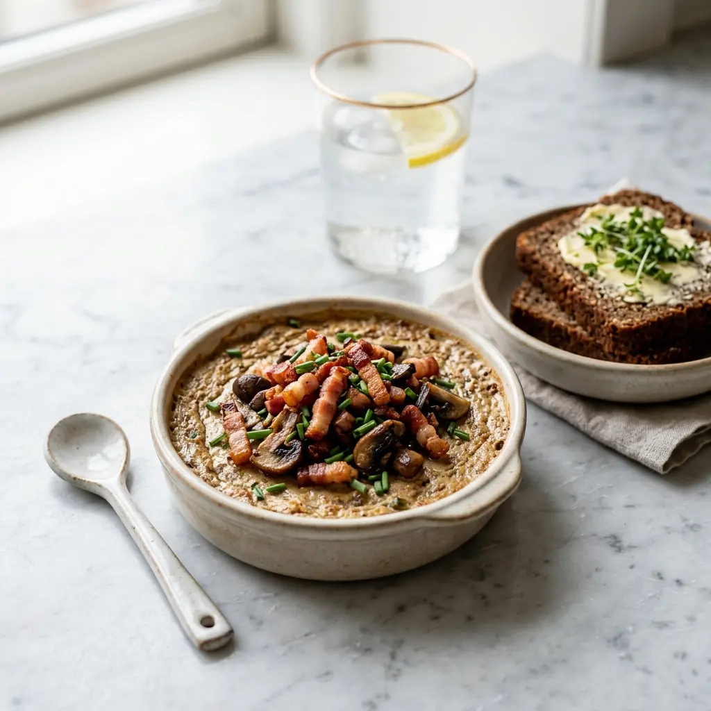 Foto del piatto pronto: Paté di fegato caldo con bacon e champignon
