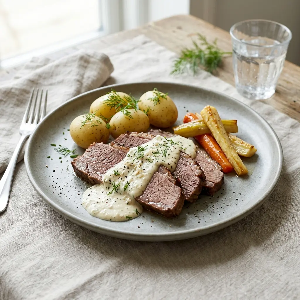 Foto della salsa, del dressing o del condimento: Petto di manzo con salsa al rafano