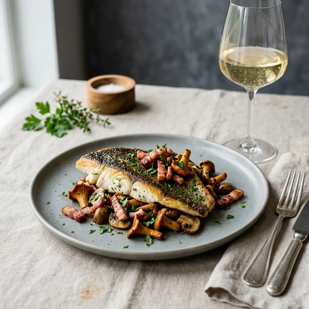 Foto del piatto pronto: Platessa con bacon e funghi