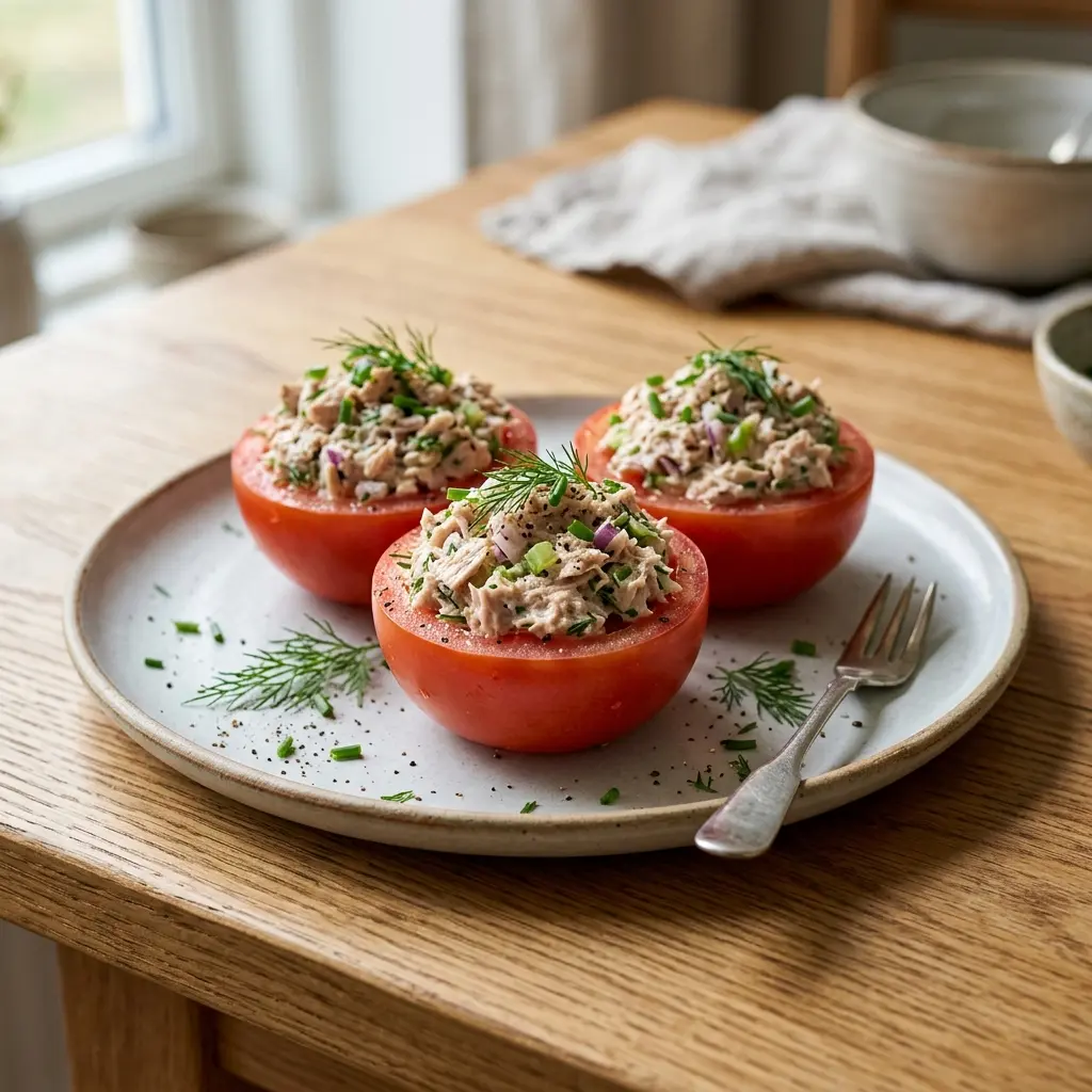 Foto dell'insalata pronta: Pomodori ripieni con insalata di tonno