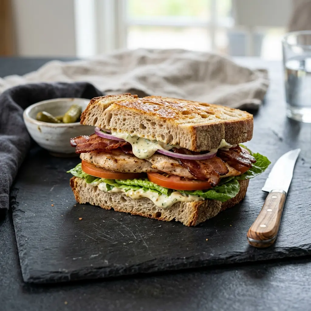 Foto del piatto pronto: Sandwich al pollo con bacon