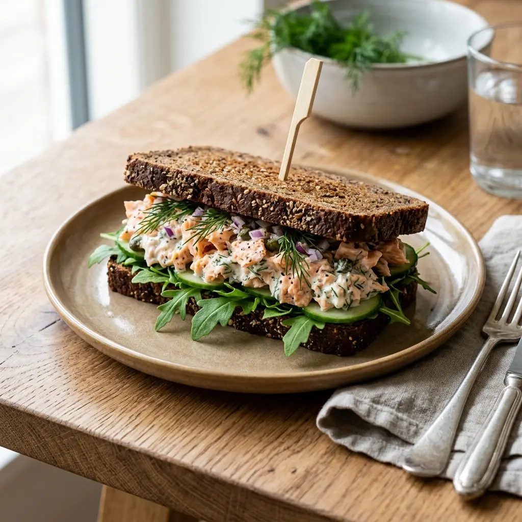 Foto dell'insalata pronta: Sandwich con insalata di salmone