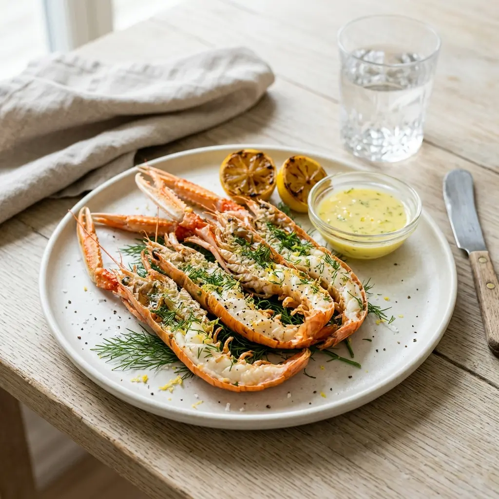 Foto del piatto pronto: Scampi con aneto e limone