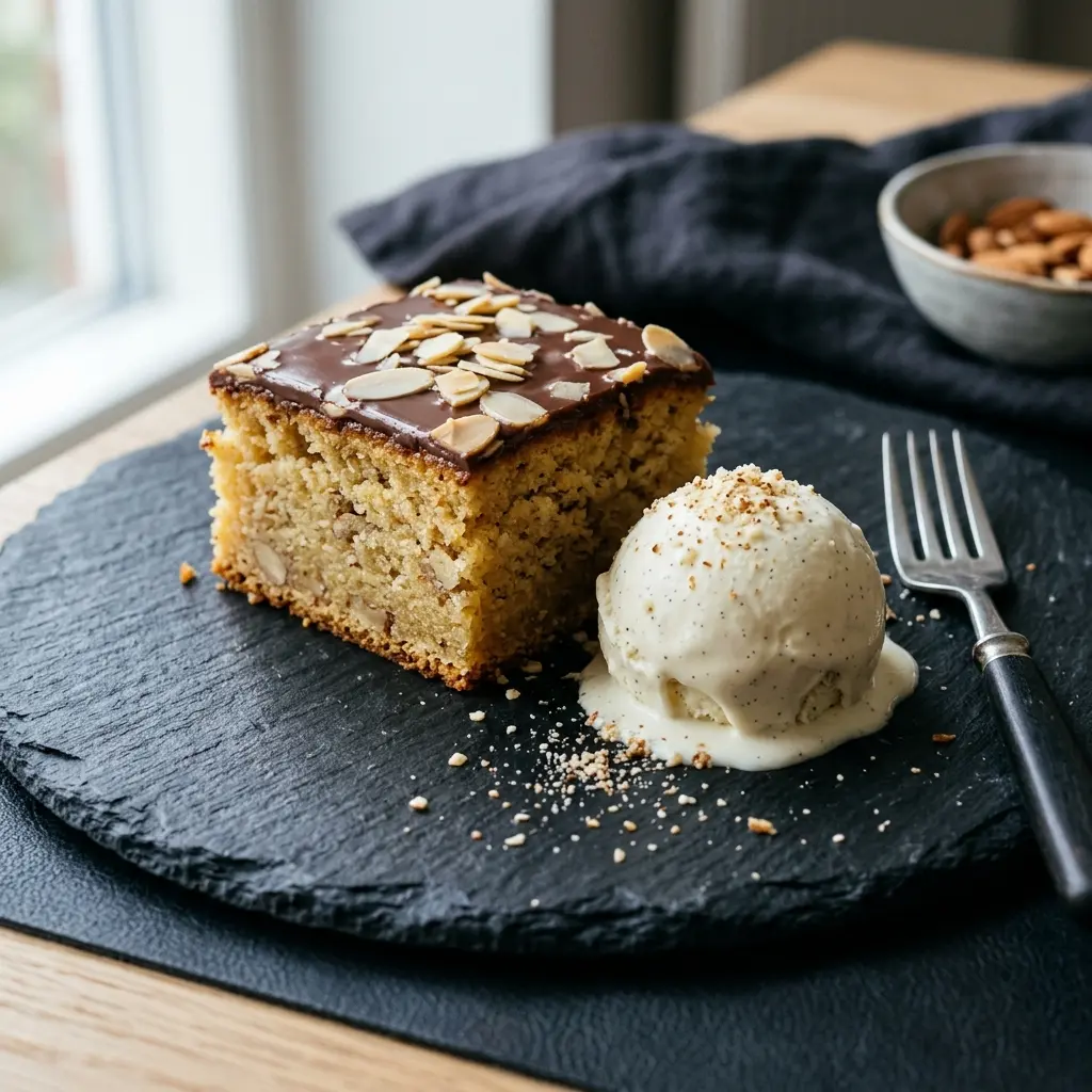 Foto del dessert pronto: Torta alle mandorle con gelato