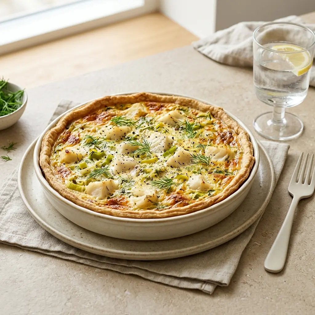 Foto del dessert pronto: Torta salata al merluzzo con porri