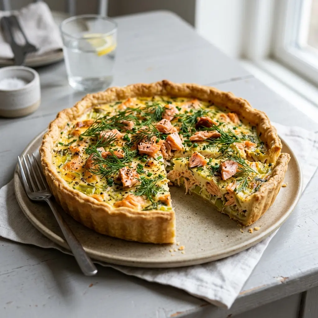 Foto del dessert pronto: Torta salata al salmone con porri