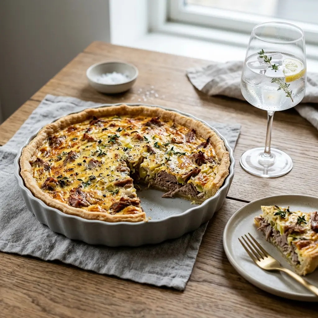 Foto del dessert pronto: Torta salata con anatra e porri