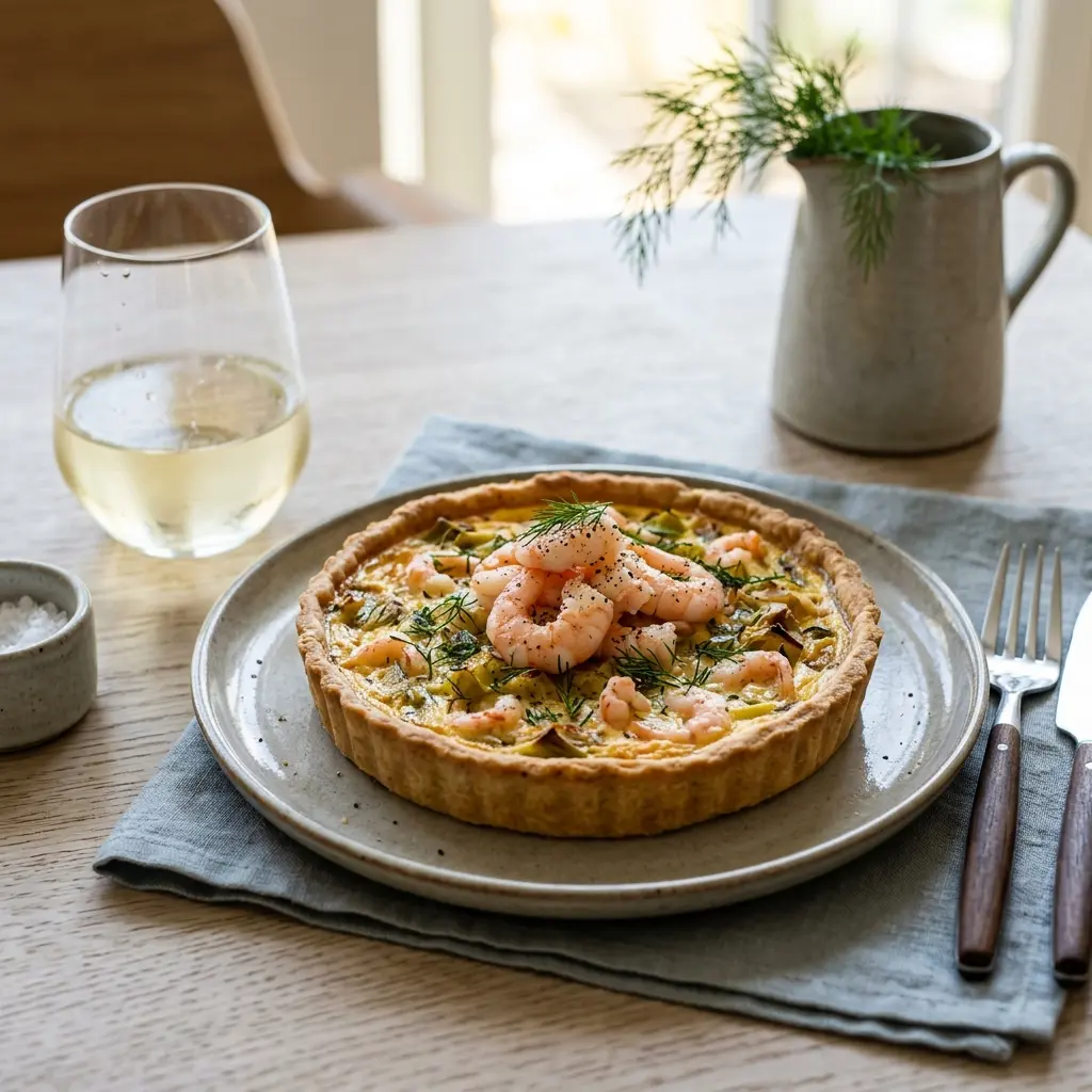 Foto del dessert pronto: Torta salata con gamberi e porri