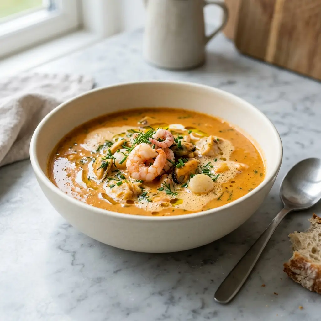 Foto della zuppa pronta: Zuppa di frutti di mare con gamberi
