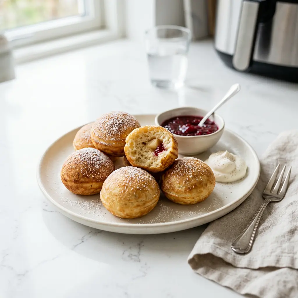Foto di Æbleskiver danesi in friggitrice ad aria pronta dalla friggitrice ad aria