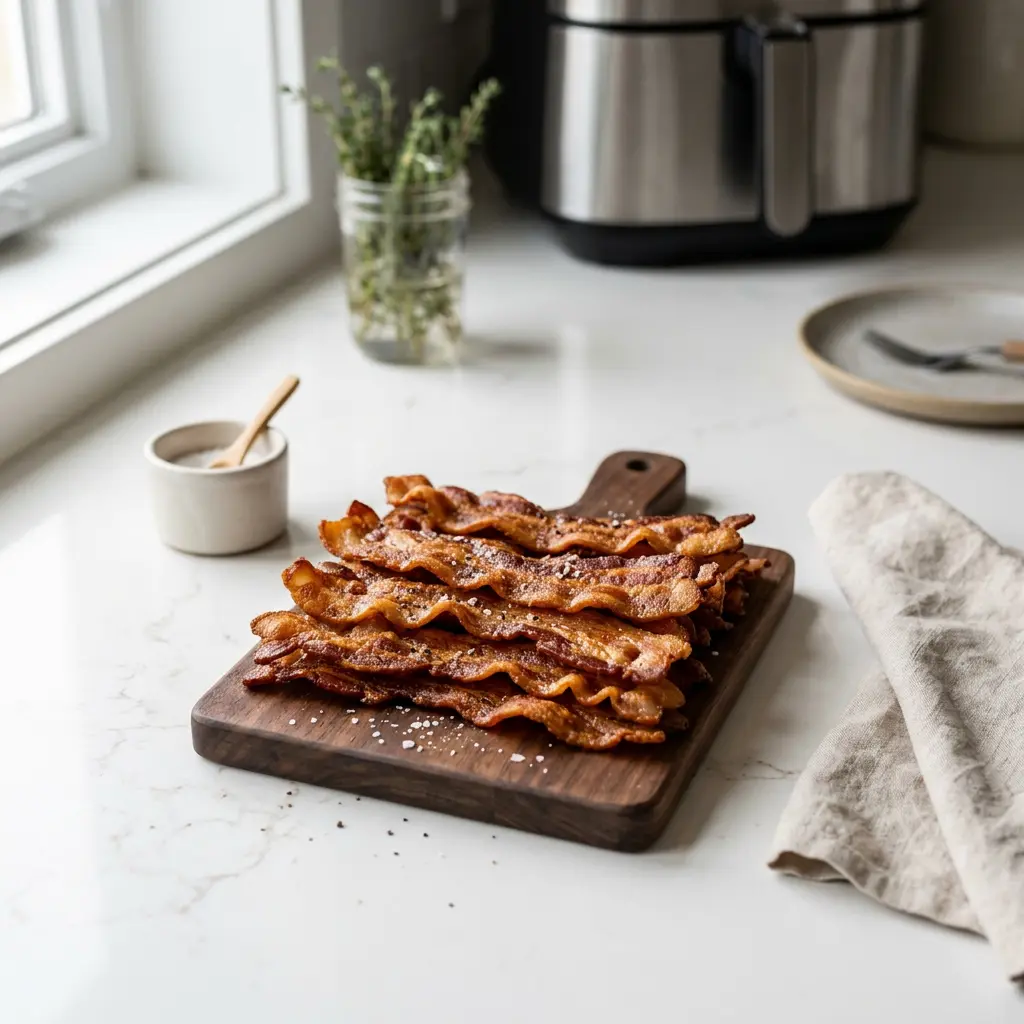 Foto di Bacon in friggitrice ad aria pronta dalla friggitrice ad aria